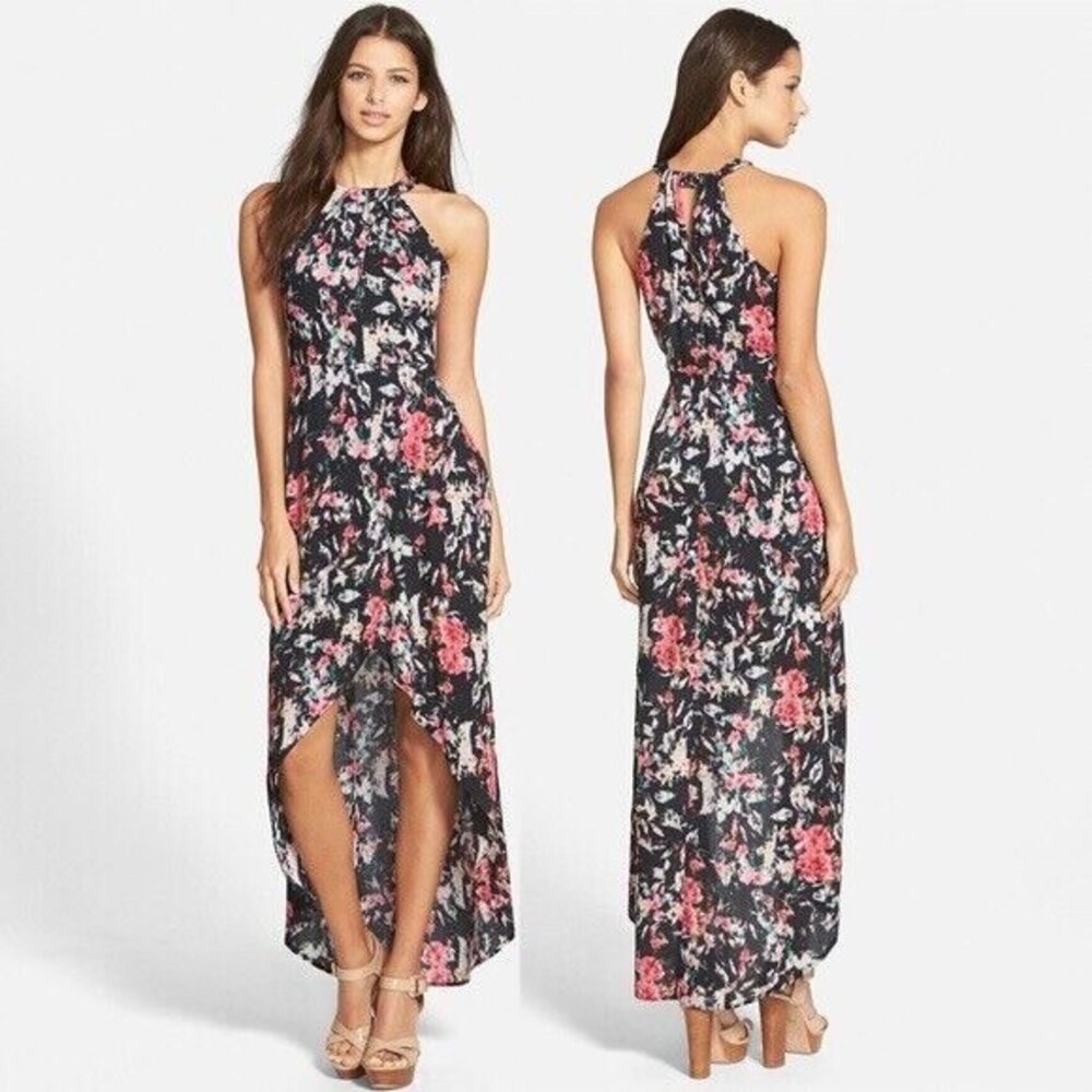 Astr The Label Floral‎ Halter High Low Dress Size Medium Multicolor Black Pink
